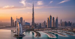 Dubai City Tour featuring Burj Khalifa and Burj Al Arab skyline at sunset